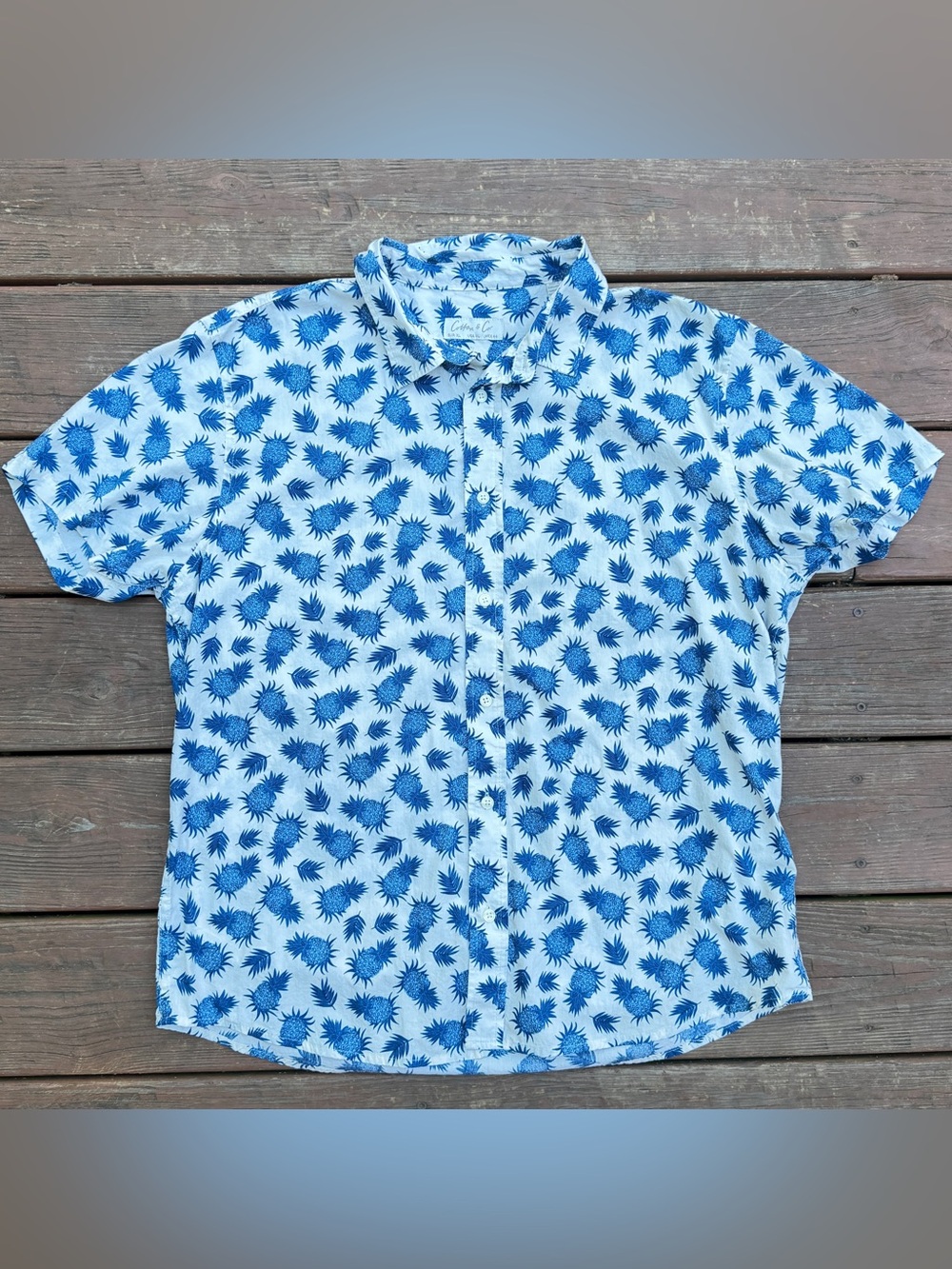 Cotton On Co Men’s XL Pineapple Print Shirt Blue White Tropical Button Up